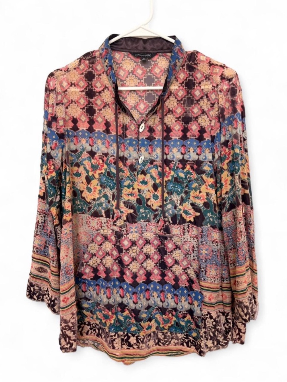 John Mark Boho Eclectic Patchwork Tunic Blouse Small‎ Textured Floral Geometric